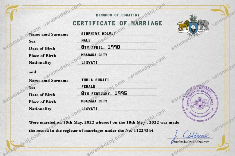 Eswatini marriage certificate PSD template